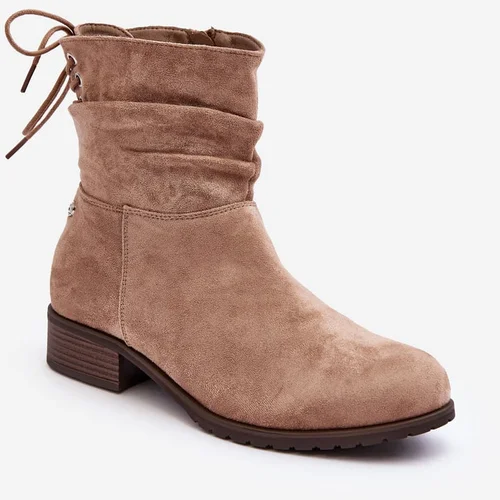 PE1 Women's Suede Ankle Boots on Flat Heel Beige Keresa