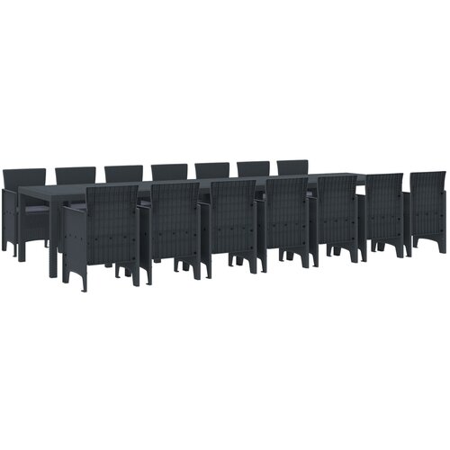 VidaXL 15-delna vrtna jedilna garnitura z blazinami antracit poli ratan, vrtna miza antracit 250x100x73 cm poli ratan, vrtna miza antracit 150x100x73 cm poli ratan, vrtni stoli z blazinami 2 kosa antracit poli ratan, vrtni stoli z blazinami 4 kosa antracit poli ratan Slike