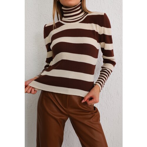 BİKELİFE Women's Brown Striped Soft Textured Lycra Basic Knitwear Sweater Slike