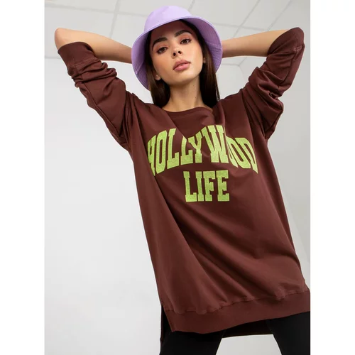 Fashion Hunters Dark brown and green oversize long sweatshirt with an inscription