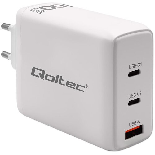 Qoltec 100W GaN Wall Charger | 5-20V | 1.5-5A | 2 x USB-C PD | 1 x USB QC 3.0 | White Slike