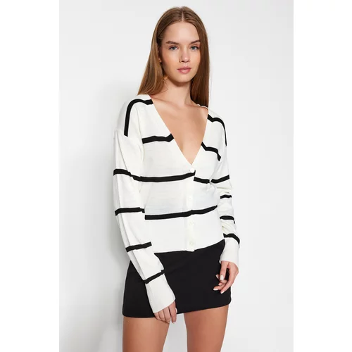 Trendyol Ecru V-Neck Striped Knitwear Cardigan