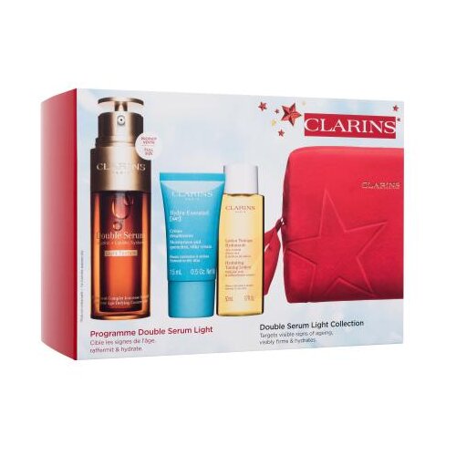 Clarins Double Serum Light Collection set: serum za obraz Double Serum Light Texture 50 ml + krema za obraz Hydra-Essentiel Silky Cream 15 ml + tonik za obraz Hydrating Toning Lotion 50 ml + rdeča kozmetična torbica za ženske Cene