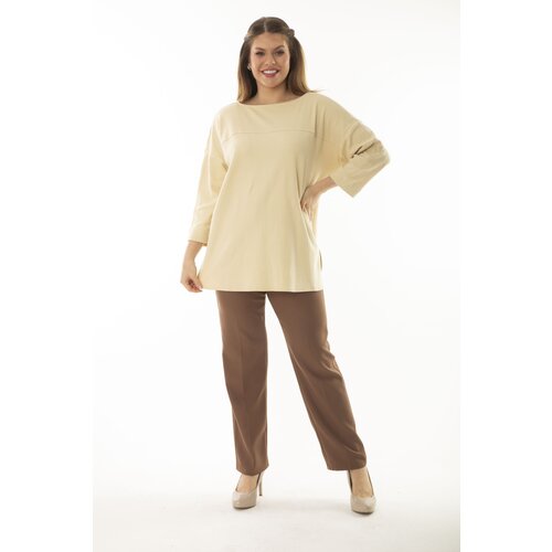 Şans Women's Plus Size Beige Robe And Slit Detailed Capri Sleeve Tunic Slike