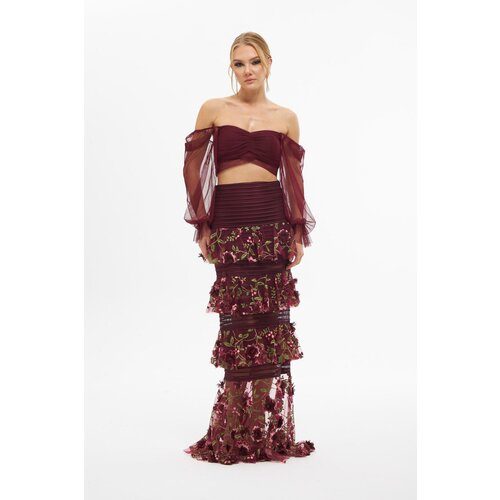 Carmen Burgundy Skirt Tiered Bustier Suit Slike