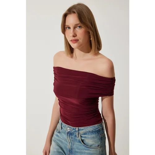  Women's Burgundy Gathered Open Shoulder Sandy Blouse