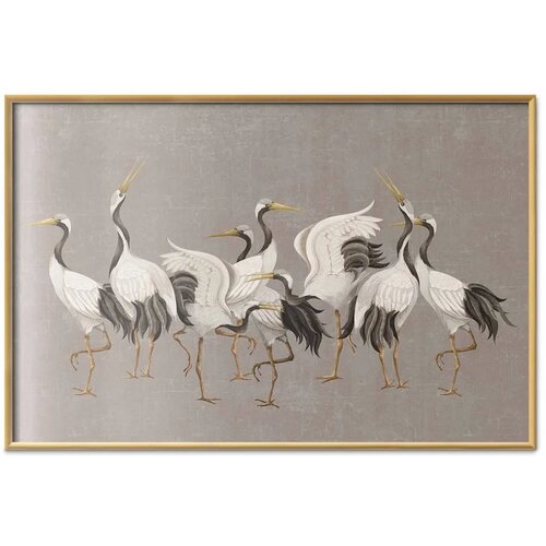 Plakat - Crane Dance - light bird silhouettes on a warm-gray textured background 90x60 Zlatni okvir Slike