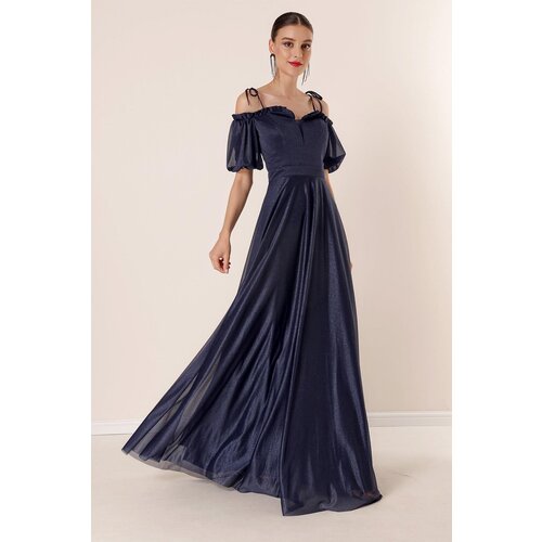 By Saygı Pleated Collar Balloon Sleeve Lined Glittery Long Dress Slike