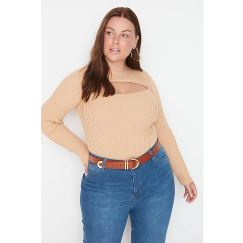 Trendyol Curve Beige Cut Out Detailed Ribbed Thin Knitwear Blouse
