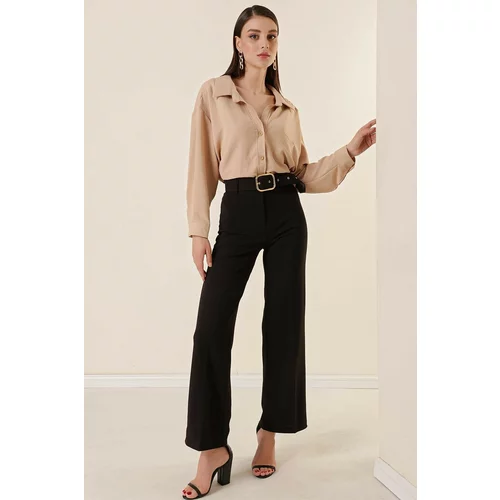 By Saygı High Waist Coated Belt Knitted Crepe Palazzo Trousers Black