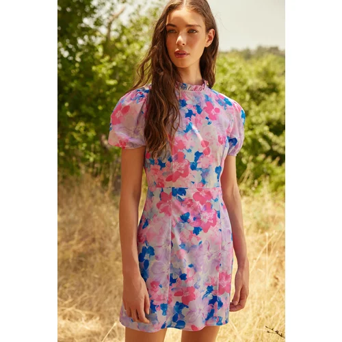 Trendyol Blue Stand-Up Collar Floral Pattern Lined Mini Woven Dress