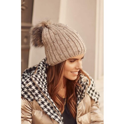 Fasardi A warm hat with beads and a cappuccino pompom Slike