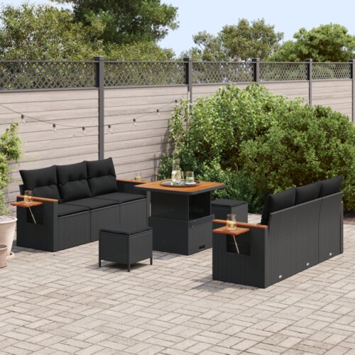 vidaXL 9 delni vrtna sofa set z blazinami Črna poli ratan akacija Cene