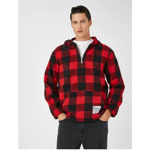 Koton Checked Hoodie Sweatshirt With Labels Printed, Pocket Detailed Half Zipper