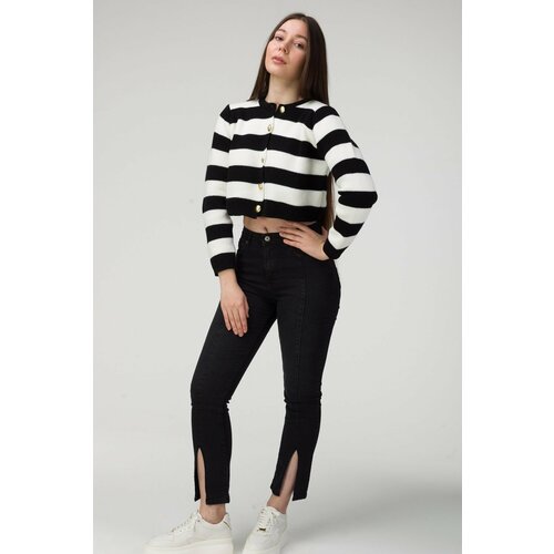 MODAGEN Women's Black and White Striped Gold Buttoned Knitwear Cardigan Sweater Slike