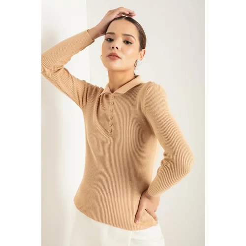 Lafaba Women's Camel Polo Neck Ribbed Knitwear Sweater