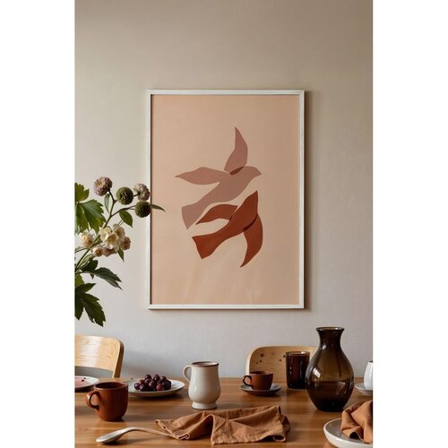 Wallxpert uramljena slika 115188, dve stilizovane ptice u roze i terakota tonovima na bež pozadini, 50 x 70 cm, beli ram Cene