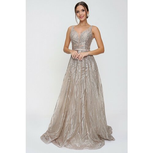 By Saygı Glittery Ghost and Tulle Princess Evening Dress Gold Slike
