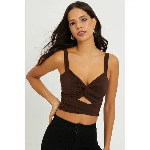 Cool & Sexy Women's Brown Front Pleated Crop Blouse B189