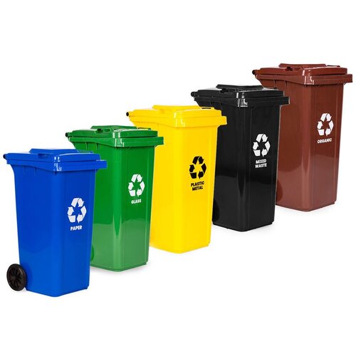  Set od 5 kanti za otpad s kotačima &amp;ndash; 5 &amp;times; 120 L (plava, zelena, žuta, crna, smeđa) Slike