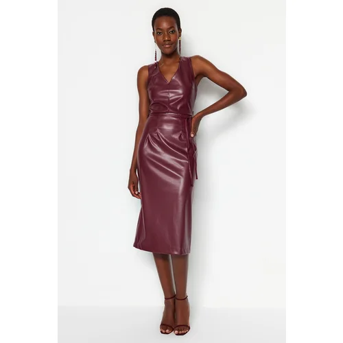 Trendyol Claret Red Faux Leather Woven Midi Dress