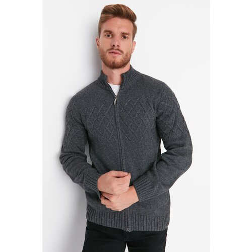 Trendyol Anthracite Men&amp;#039;s Slim Fit Half Fisherman Zip Closure Texture Panel Knitwear Cardigan Slike