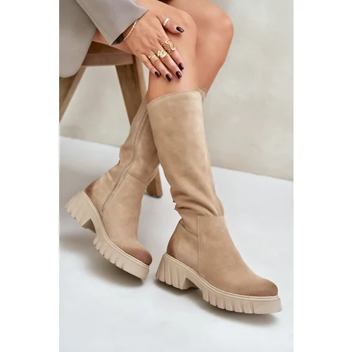 Zazoo Suede Knee High Boots Insulated Beige 70145