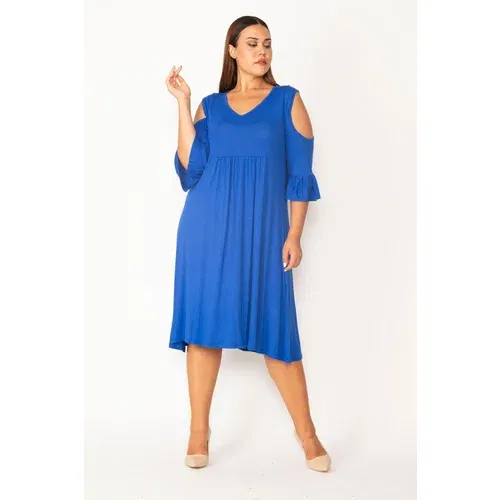 Şans Women's Plus Size Saxe Blue Decollete Chest Gathering And Flounce Sleeve Detailed Viscose Dress