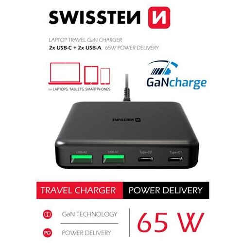Swissten punjač GaN 2x USB-C + 2x USB-A, 45W PowerDelivery, crni Cijene