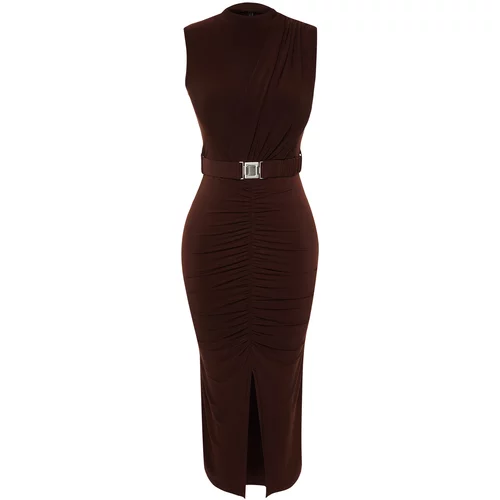 Trendyol Dark Brown Fitted Sleeveless Drape Detailed Belted Midi Knitted Dress