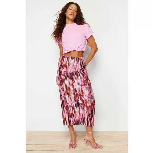 Trendyol Red Printed Pleat Maxi Knitted Skirt