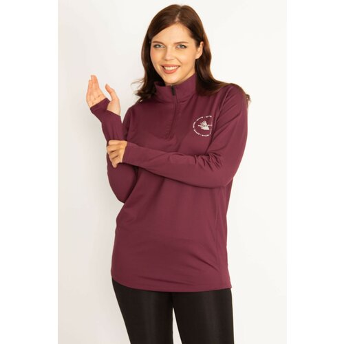 Şans Women's Plus Size Burgundy Front Pat Zipper Underarm Tulle Detailed Sports Sweatshirt Slike