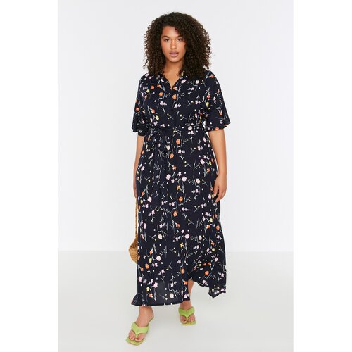 Trendyol Curve Navy Blue Floral Patterned Slit Detailed Dress Slike