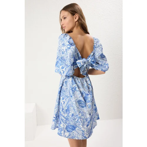 Trendyol Light Blue Floral Cut Out / Flounce Mini Woven Dress