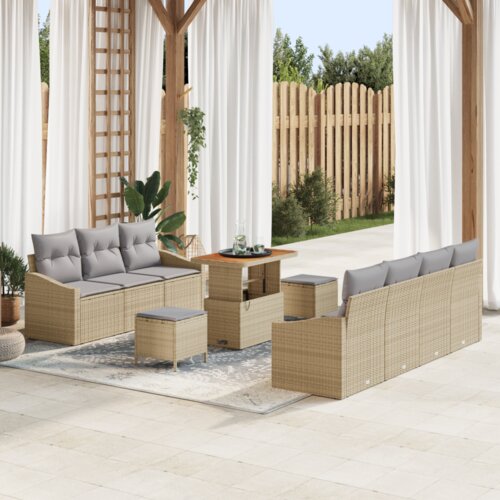  10-delni vrtni sofa set z blazinami bež poli ratan akacija Slike