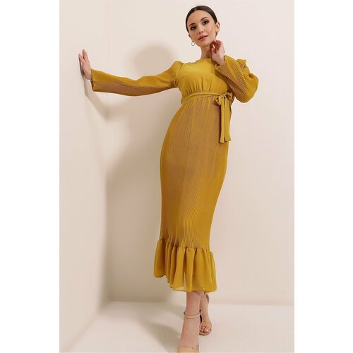 By Saygı Mustard Pleated Long Chiffon Dress With Frilled Skirt. Slike