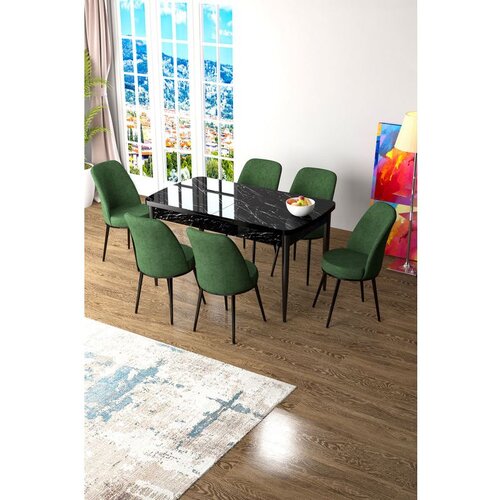 Hanah home Zen - Black Marble, Khaki Black MarbleKhaki Extendable Dining Table & Chairs Set (7 Pieces) Cene