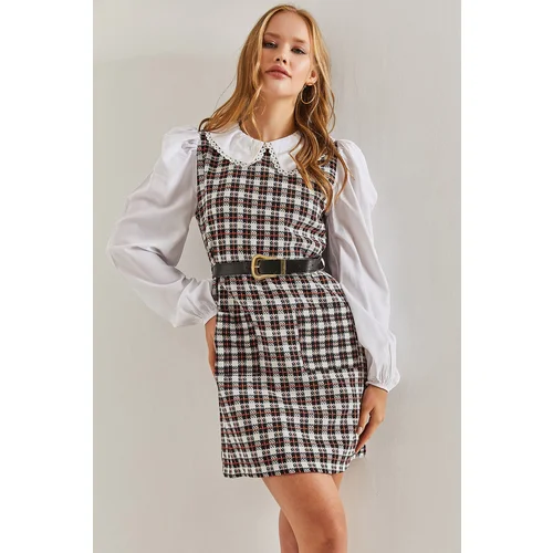 Bianco Lucci Women's Belted Plaid Patterned Collar Dress