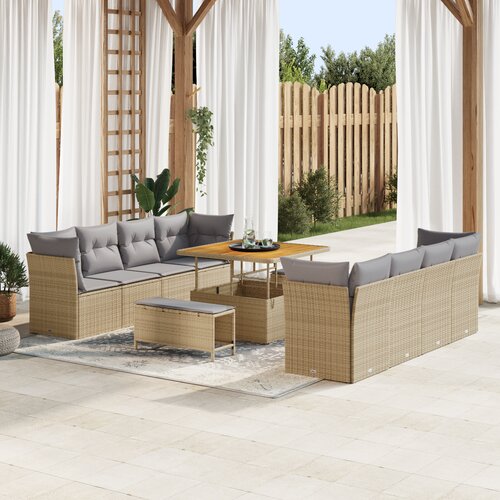 VidaXL 11-dijelni set sofa za vrt s jastučićima bež poli ratan akacija Slike
