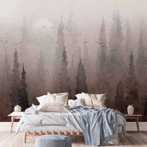  Foto tapeta - Bird\&amp;#039;s flight over treetops - landscape of a dark forest in fog 100x70 Premium Slike