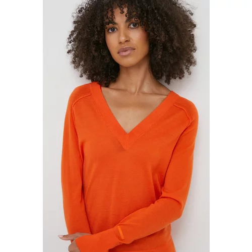 Calvin Klein Volnen pulover ženski, oranžna barva