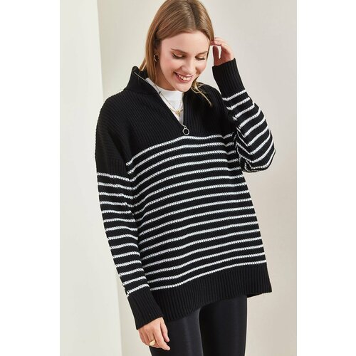 Bianco Lucci Women's Turtleneck Zippered Stripe Knitwear Sweater Slike
