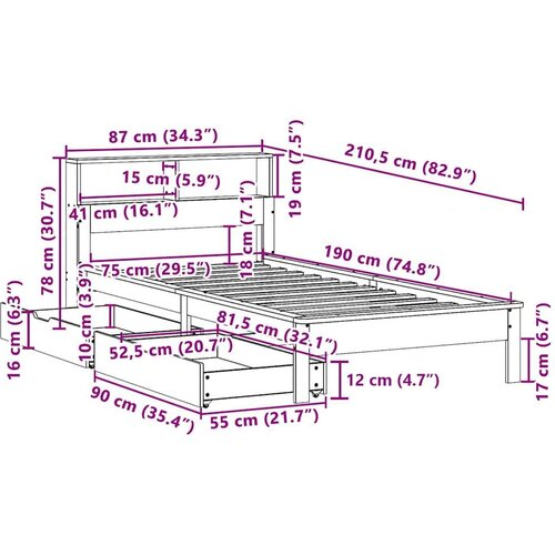 VidaXL Krevet s regalom za knjige bez madraca bijeli 75x190cm borovina Slike