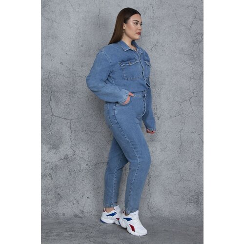 Şans Women's Plus Size Blue Top Buttoned Pocket Detailed Denim Jumpsuit Slike