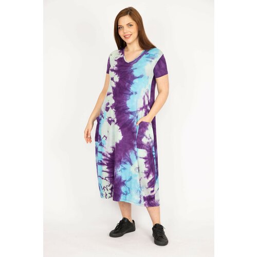 Şans Women's Purple Plus Size Tie Dye Pattern V-Neck Pocketed Dress Slike