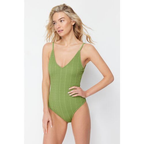 Trendyol Green V-Neck Textured Regular Swimsuit Cene