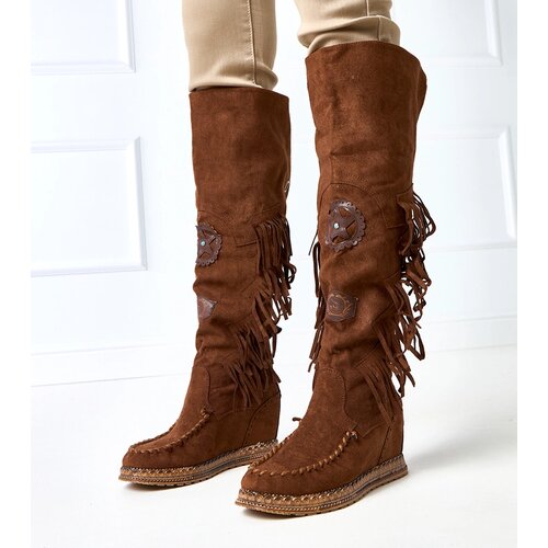 Gemre Dark caramel wedge boots with fringes Cascia Slike