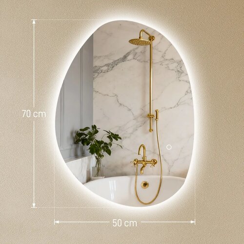  Asimetrično kupaonsko ogledalo 70 x 50 cm s LED svjetlom pametnim dodirnim prekidačem funkcijom protiv zamagljivanja srebrno Slike