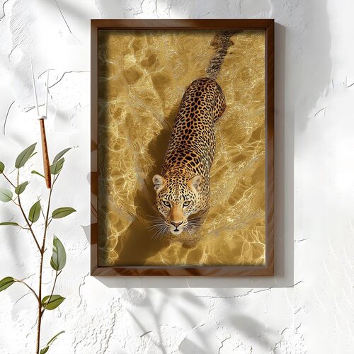 Wallxpert uramljena MDF slika NAL037-46, leopard hoda kroz plitku vodu u zlatnim tonovima, 35,5 x 47 cm Cene