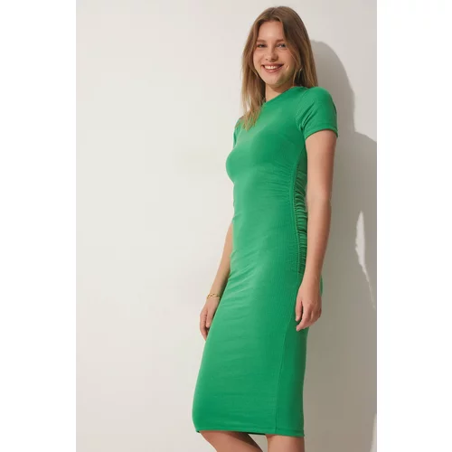 Happiness İstanbul Women's Vibrant Green Pleated Wrap Knitted Casual Dress